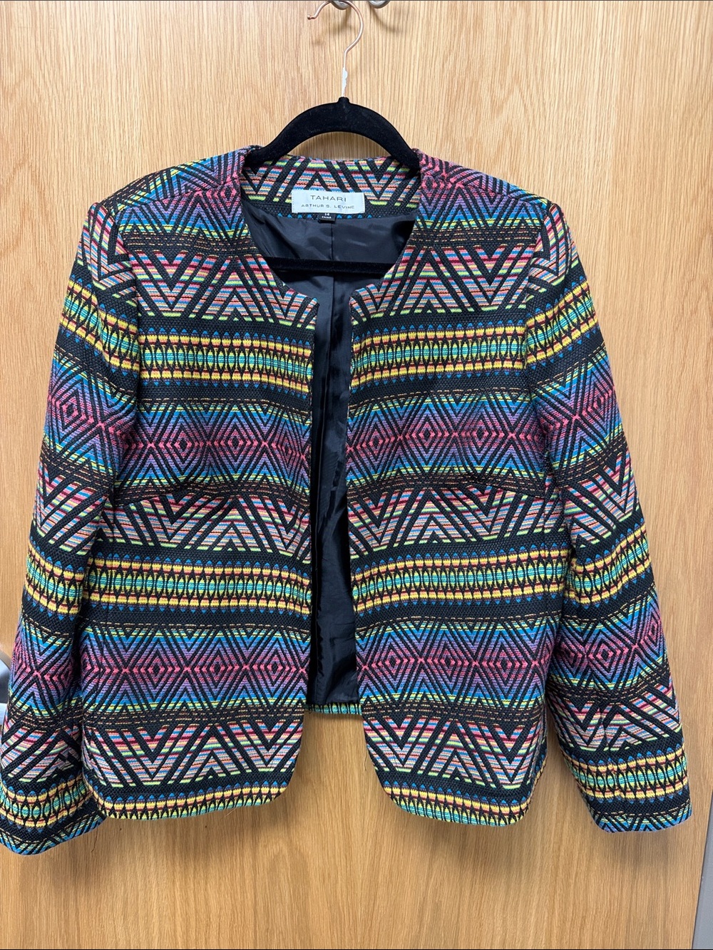 Tahari Colorful Black Multi Aztec-Stripe Open-Front Blazer Lady Jacket